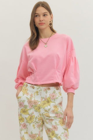 Bubble Gum Pink 3/4 Balloon Sleeve Crop Top