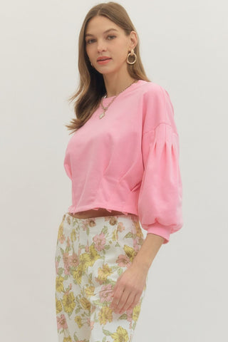 Bubble Gum Pink 3/4 Balloon Sleeve Crop Top