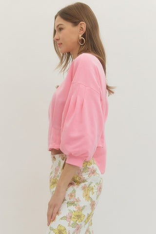 Bubble Gum Pink 3/4 Balloon Sleeve Crop Top