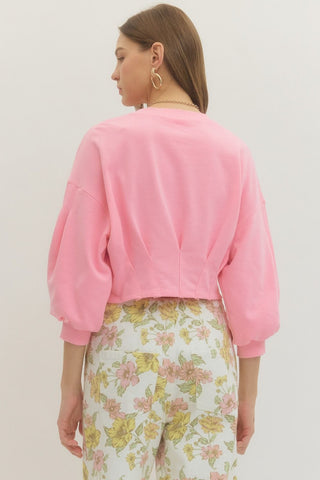 Bubble Gum Pink 3/4 Balloon Sleeve Crop Top