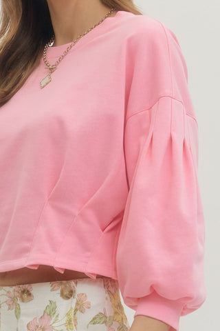 Bubble Gum Pink 3/4 Balloon Sleeve Crop Top