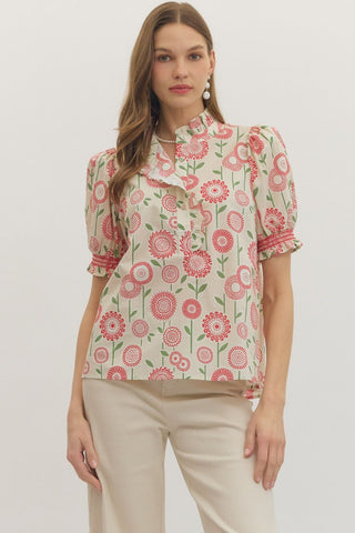 Floral Top w/ Ruffle Trim Placket