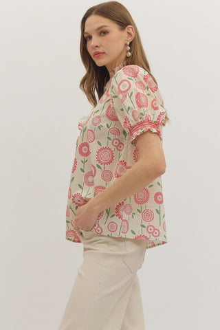 Floral Top w/ Ruffle Trim Placket