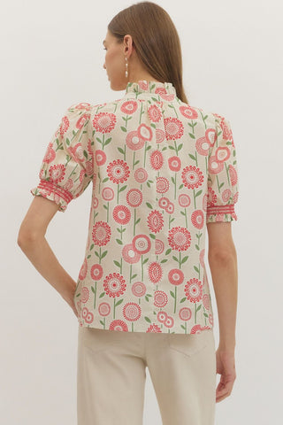 Floral Top w/ Ruffle Trim Placket