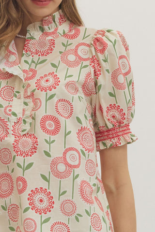 Floral Top w/ Ruffle Trim Placket