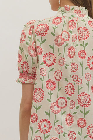 Floral Top w/ Ruffle Trim Placket