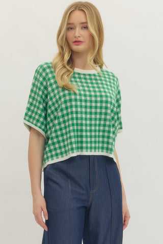 Green Gingham Short Sleeve Crop Top