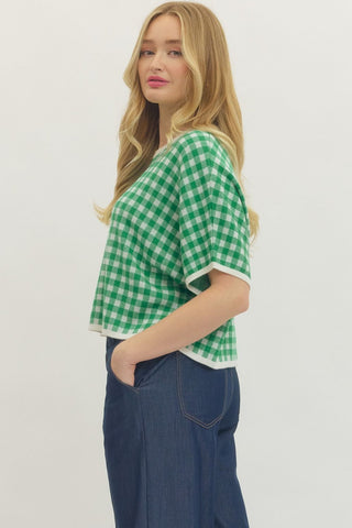Green Gingham Short Sleeve Crop Top