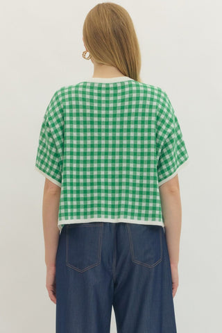 Green Gingham Short Sleeve Crop Top