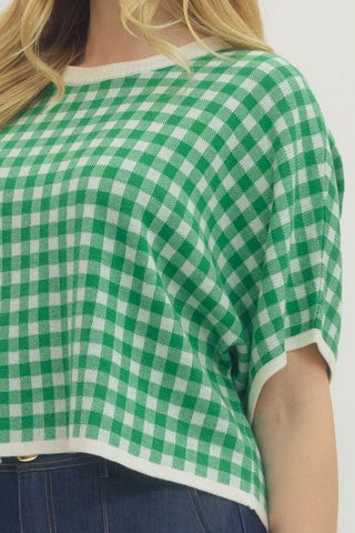 Green Gingham Short Sleeve Crop Top