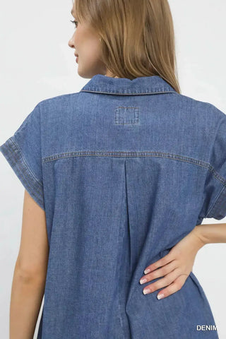 Stone Washed Collared Denim Midi Dress