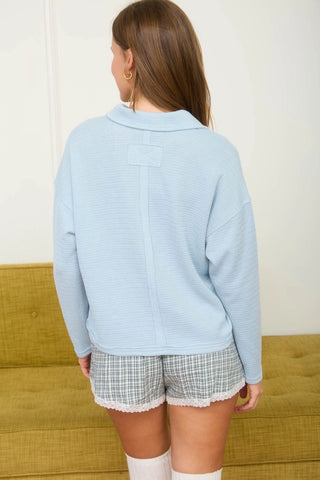 Lightweight Exposed Seam Long Sleeve Textured Knit Polo - 3 Colors!