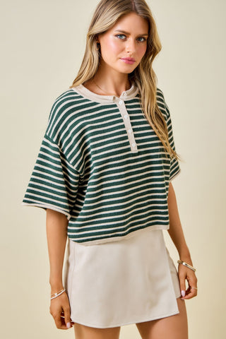 Striped Short Sleeve Henley Top w/ Dropped Shoulders