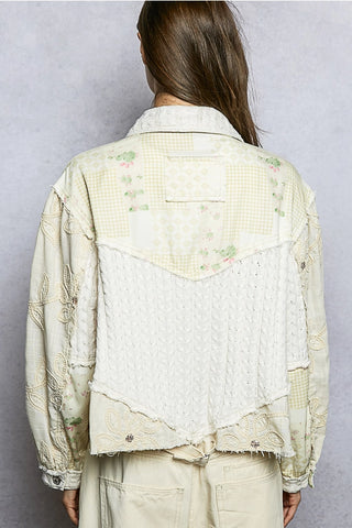 Natural Cable Knit Lace Patchwork Woven Long Sleeve Shirt Top by POL Clothing