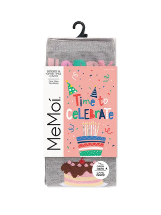 Happy Birthday Cake Time Greeting Card Socks is a pair of packaged birthday socks with 'Time to Celebrate' design 