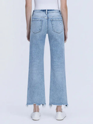 Mid Rise Uneven Raw Hem Slim Wide Jeans by Vervet