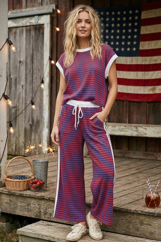 Lightweight Ribbed Striped Pant Set - Red, White, Blue