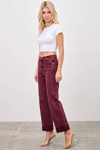 High Rise Straight Leg Jeans w/ Cuff Detail - Burgundy
