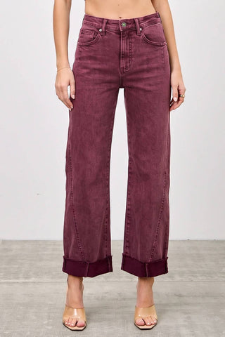 High Rise Straight Leg Jeans w/ Cuff Detail - Burgundy