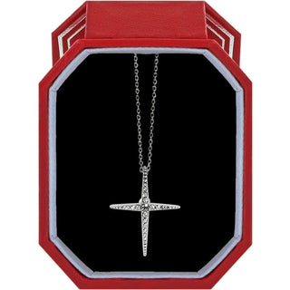 Brighton Illumina Radiance Necklace w/ Gift Box is a silver cross necklace in a red and black jewelry box