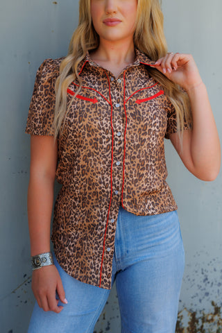 Satin Leopard Print Pearl Snap Top w/ Red Trim