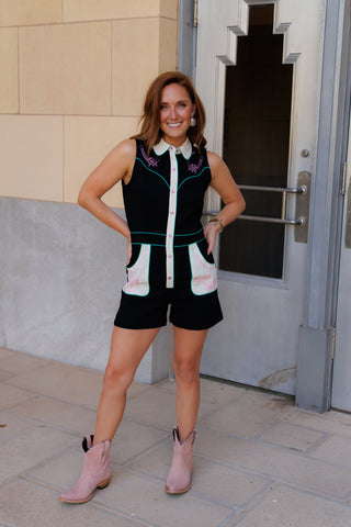 Sleeveless Western Button Up Romper