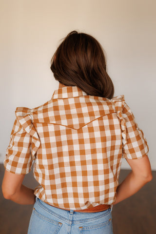 Brown Gingham Ruffle Short Sleeve Pearl Snap Western Top