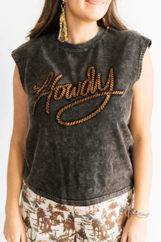 "Howdy" Embroidered Mineral Washed Sleeveless Top