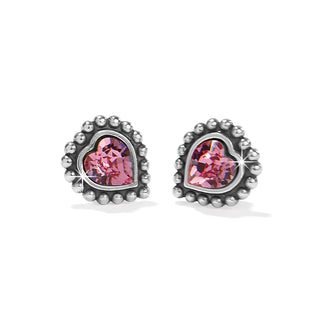 Brighton Shimmer Heart Mini Post Earrings Pink is a pair of silver-plated Brighton Shimmer Heart Mini Post Earrings with a pink heart design at the center.