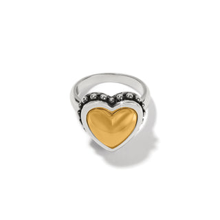 Brighton Pretty Tough Bold Heart Two Tone Ring is a silver ring with a gold heart design with dot accents