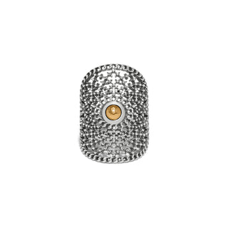 Brighton Ferrara Segreta Two Tone Round Ring is a silver ring with intricate design and gold center 