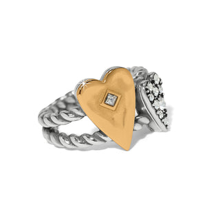 Brighton Love Messages You Are Loved Ring is a ring with a gold heart-shaped band and silver band with diamond accents 