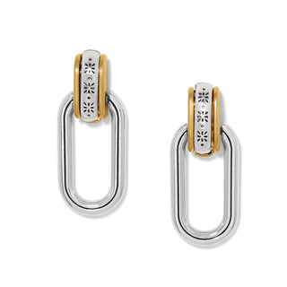 Brighton Mosaic Two Tone Post Drop Earrings is a pair of silver hoop earrings with gold accent trim. 