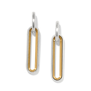 Brighton Medici Two Tone Long Post Drop Earrings are a pair of earrings with gold and silver rectangular design on a white background