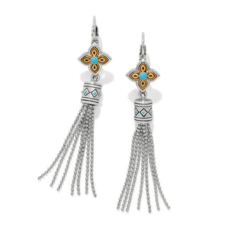 Brighton Mosaic Cerrillos Leverback Earrings is a pair of silver earrings with floral designs and tassel details 