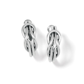 Brighton Interlok Harmony Hoop Earrings is a pair of silver earrings with a twisted knot design 