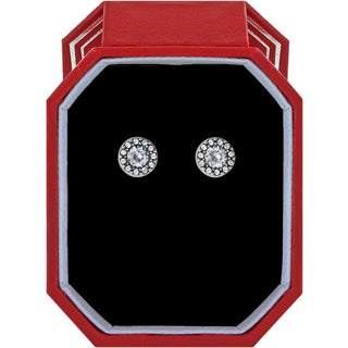 Brighton Silver Illumina Solitaire Post Earrings w/ Gift Box is a pair of diamond stud earrings in a red and silver box on a white background