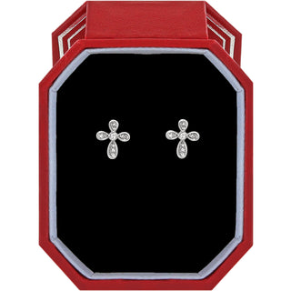 Brighton Enchanting Cross Post Earrings w/ Gift Box is a pair of cross earrings with crystal accents in a red and black gift box. 