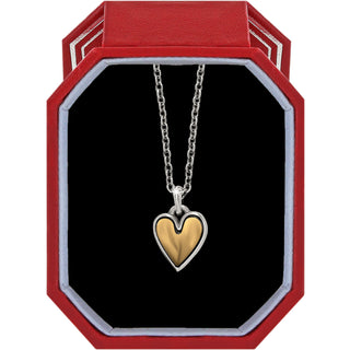 Brighton Cascade Heart Mini Necklace w/ Gift Box is a gold and silver heart-shaped pendant necklace in a red and black display box.