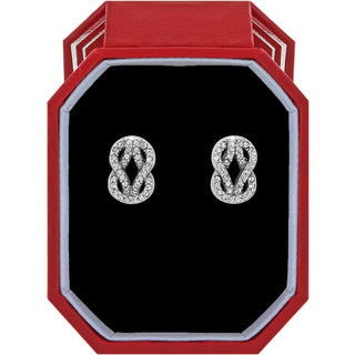 Brighton Interlok Harmony Luxe Post Earrings w/ Gift Box is a pair of silver knot earrings in a red and black jewelry box