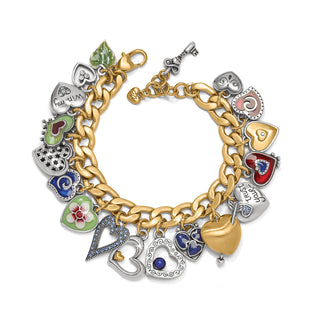 Brighton One Heart Color Charm Bracelet is a gold chain bracelet with various heart-shaped charms on a white background