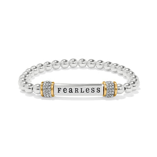 Brighton Meridian Fearless Two Tone Stretch Bracelet is a silver beaded bracelet with a gold and black 'Fearless' charm 
