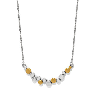 Brighton Pebble Edge Crescent Bar Necklace is a silver necklace with alternating gold and silver beads on a white background