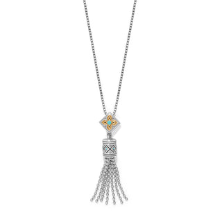 Brighton Mosaic Cerrillos Tassel Necklace is a silver necklace with a tassel pendant and gold and turquoise accents. 