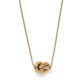 Brighton Interlok Single Knot Mini Necklace in Gold is a gold necklace with an infinity-shaped pendant 