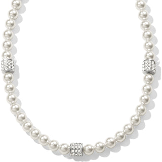Brighton Meridian Petite Pearl Station Necklace is a pearl necklace with crystal accents and a silver clasp 