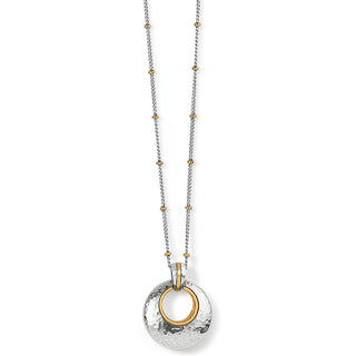 Brighton Ferrara Entrata Petite Necklace is a silver necklace with gold dots and a unique two-tone circular pendant 