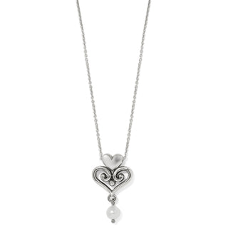 Brighton Alcazar Amor Pearl Pendant Necklace is a silver necklace with a heart-shaped pendant and pearl drop 