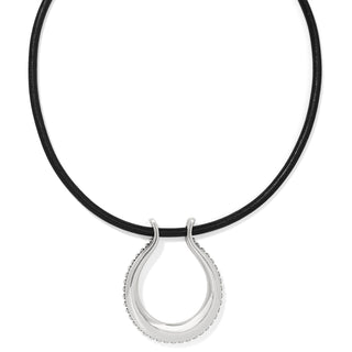 Brighton Pretty Tough Arch Leather Necklace is a necklace with a silver teardrop pendant on a black cord 
