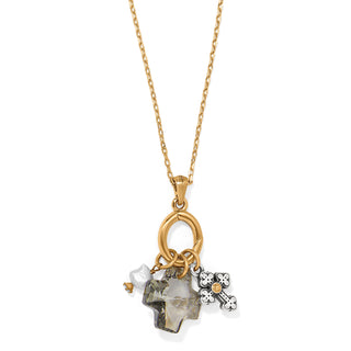 Brighton Heavenly Cross Short Necklace is a gold necklace with crystal pendant, pearl drop, and cross charm 
